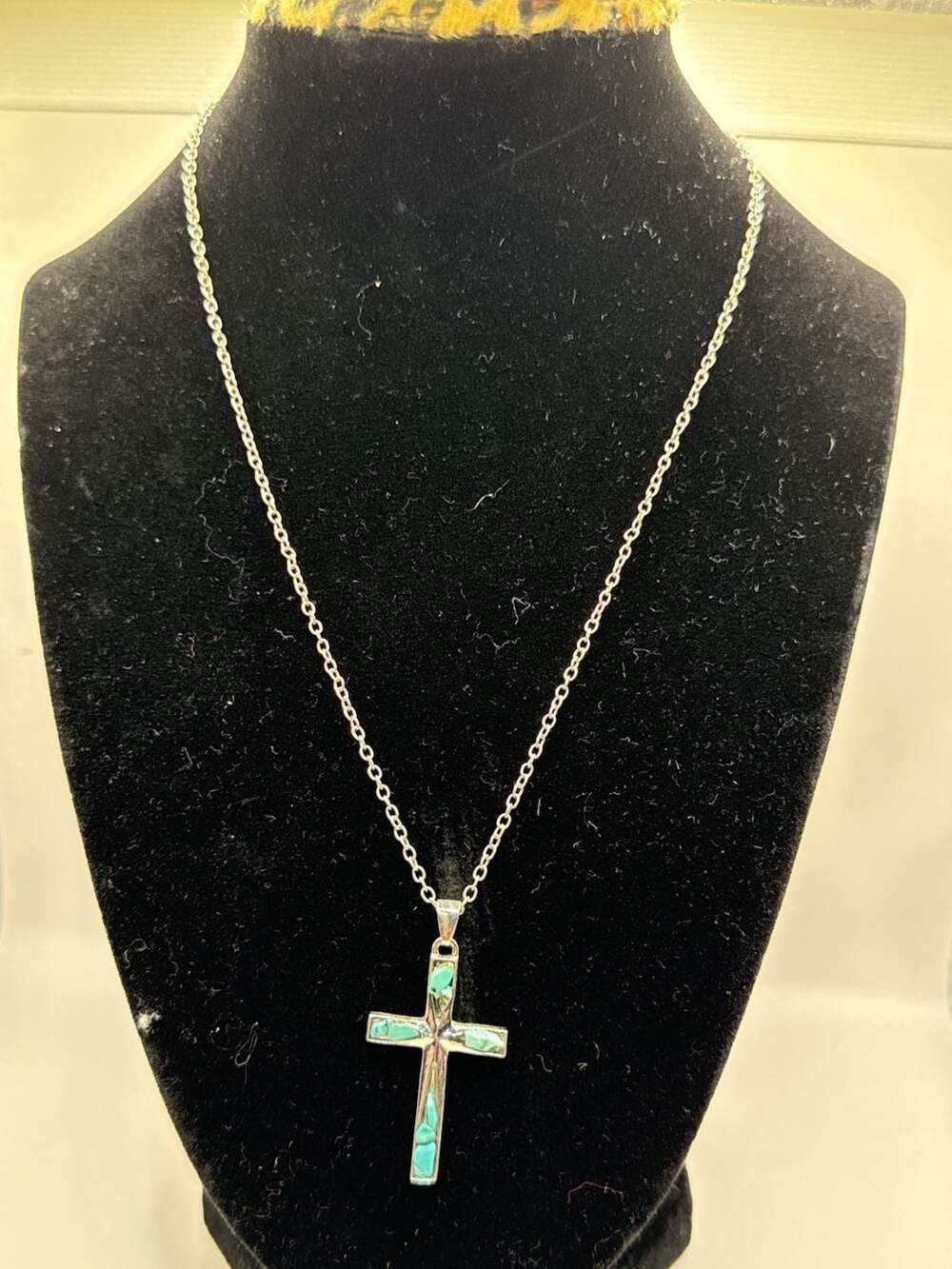 Sterling Silver Cross Pendant Necklace with Blue Turquoise Inlay